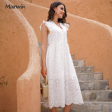 Christmas Gift Marwin Long Simple Casual Solid Hollow Out Pure Cotton Holiday Style High Waist Fashion Mid-Calf Summer Dresses NEW Vestidos