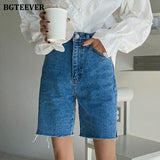 Christmas Gift BGTEEVER Casual Summer Half Denim Shorts for Women High Waist Loose Pockets Female Straight Jeans Shorts 2021 Ladies Streetwear