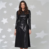 Christmas Gift Fashion Belt Faux Leather Dresses Women Long Sleeve Slim Fit PU Dress Sexy Club Wear New Arrival 2021 Autumn Winter