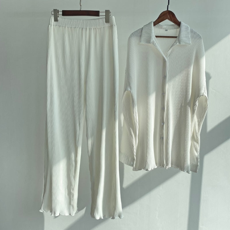 Kukombo Pant Suits Women 2022 White Long Sleeve Shirt Elastic Waist Wide Leg Pants Pajamas Mujer 2 Piece Set Casual Outfit