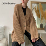 Christmas Gift Hirsionsan Cashmere Long Sleeve Sweater Women 2021 New Single-Breasted Female Cardigan V Neck Soft Loose Knitted Outwear Jumpers