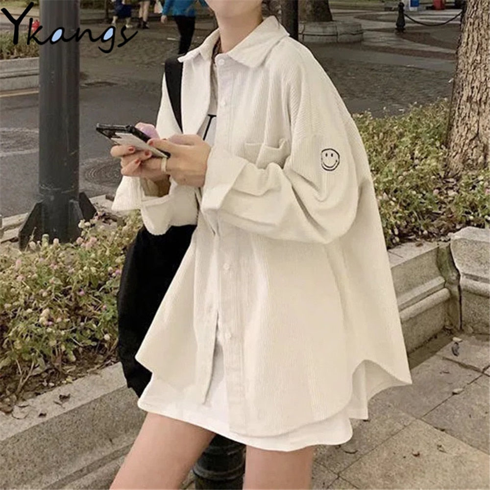 Autumn Loose Bf Women'S Fresh Simple Corduroy Shirt Smiley Embroidery Casual Solid Color Loose Blouses Tops Lady Clothes Coat