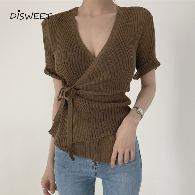 Christmas Gift Solid V-neck Shirt Woman Korean Short-sleeved Slim Knitted Shirt Women Summer Simple Lace-up Stretch Shirt Women's 2021