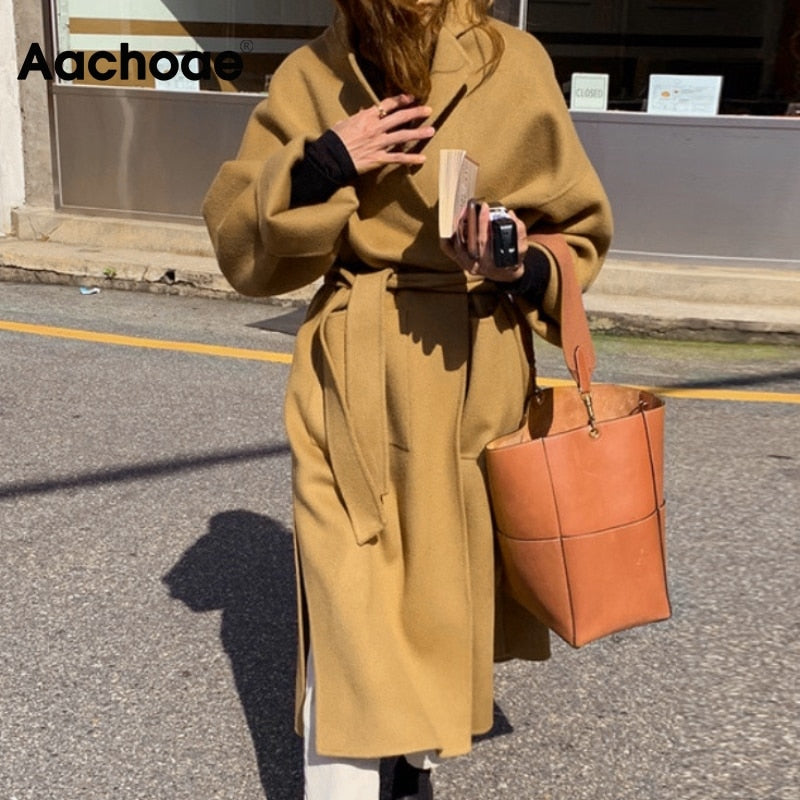 Christmas Gift Women Elegant Solid Long Wool Coat With Belt Chic Batwing Long Sleeve Pockets Loose Coat Female Autumn Winter Outerwear