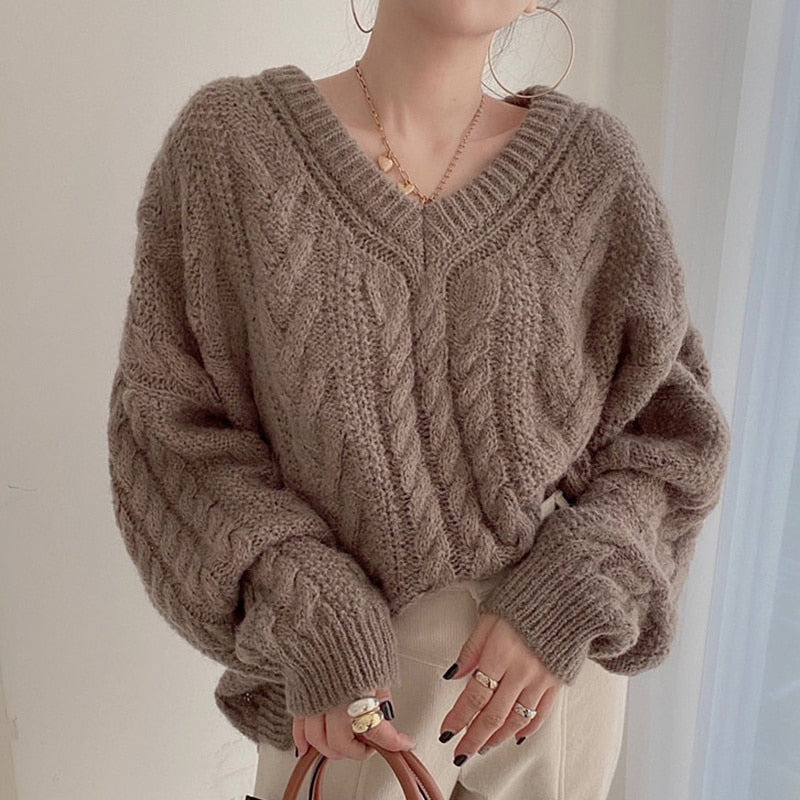 Christmas Gift Oversized Pullovers Korean Chic Lazy Style V-neck Pullover Hemp Pattern Side Fork Skin Friendly Long Sleeve Knitted Sweater