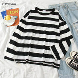 Christmas Gift Spring Fall Women Tshirts Oversize Stripe T Shirt Harajuku Long Sleeve Female T-shirts O-neck Casual Ladies Tshirt Baisc Tops