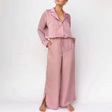 Kukombo  Women Solid Silk Two Piece Set Elegant Notched Drawstring Shirt Top And Split Wide Leg Pants Suits Casual Loose Ladies Clothing