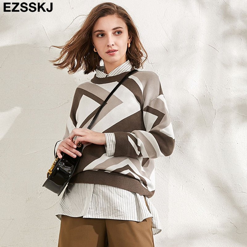 Christmas Gift Autumn Winter O-NECK Argyle Sweater pullovers Women 2021 Female loose outwear  Sweater Pullover female