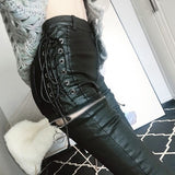 Kukombo  Punk Fashion Zippers Tied Womens PU Leather Pants High Waist Slim Fit Female trousers female pencil leather pants women KZ108