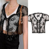 Sexy Mesh Transparent Women's t-shirt  Aesthetic Lace Patchwork Vintage Long Sleeve Top Tees Single Button Clothes