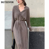 Christmas Gift BGTEEVER Vintage Women Knitted Dress Autumn Winter Brief V-neck Warm Drawstring Lace-up Loose Midi Female Sweater Dress 2021