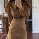 Christmas Gift Women Hubble-bubble Sleeve T-Shirt+High Waist PU Skirt 2 Piece Set Femme Fashion Outerwear Suit Ladies Elegant A-Line Skirt Set