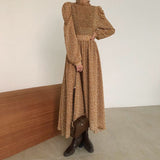 Christmas Gift BGTEEVER Vintage Stand Collar Ruched Sleeve A-line Dress Women Floral Print Elastic Waist Female Dress Spring Vestidos femme 202