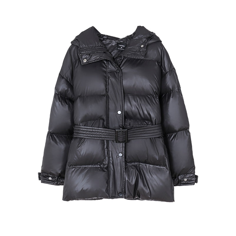 Christmas Gift 2021 Winter Hooded Puffer Jacket Coat Women Parkas belt jacket oversized outwear women clothing