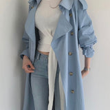 Kukombo Christmas Gift Autumn Winter Elegant Double Breasted Women Long Trench Coats Long Sleeve Loose Belted Split Female Blue Windbreaker