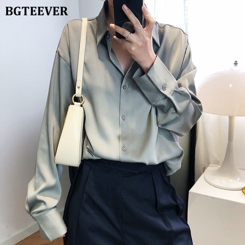 Christmas Gift BBTEEVER 2021 New Chic Women Satin Shirts Long Sleeve Solid Turn Down Collar Elegant Office Ladies Workwear Blouses Female