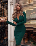 Fashion Women Bandage Bodycon Dress Office Lady OL Clothes Summer Long Sleeve Deep V Neck Sexy Party Cocktail Short Dresses