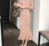 Kukombo autumn winter thick mermaid maxi sweater dress women o-neck long sweater dress elegant female a-line slim sexy knit dress