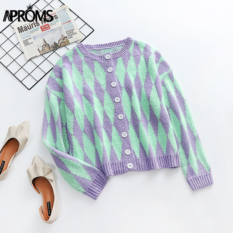 Christmas Gift Aproms Vintage Green Purple Plaid Knitted Cardigan Women Winter Oversized Soft Sweater Female High Fashion Outerwear 2021