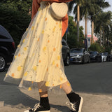 Kukombo Yellow 3D Flower Lace Skrit Women High Waist Mesh Long Skrit Female elegant Midi tulle skirt Sweet Cute Student School Wear saia