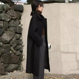 Kukombo A Women Wool Blends Long Coat Thickening Casual Fashion Warm All-match Single Breasted Slim Overcoat Turn-down Collar Classic Chic