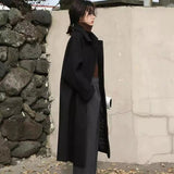 Kukombo Women Wool Blends Long Coat Thickening Casual Fashion Warm All-match Single Breasted Slim Overcoat Turn-down Collar Classic Chic