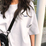 Kukombo Women Short Sleeve T-Shirts Loose Casual Letter Embroidery O-Neck Korean Style Fashion All-Match Student Streetwear Ulzzang Chic