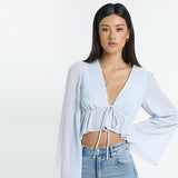 Kukombo Summer Casual Tee Tops Women Tshirts Long Flare Sleeve Solid V-Neck Tees Cropped Shirts Ruffies Short Shirt Tops