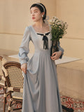 Kukombo Sweet Retro Kawaii Dresses For Women Autumn Bowknot Lace Square Neck Elegant Long Sleeve Palace Style Retro Dress Party Vestido