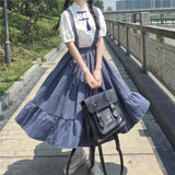 Kukombo Midi Skirt For Women Spring Summer Japanese Style Kawaii Lolita Skirt Teens Soft Girl High Waist Ruffles Suspender Skirts rok