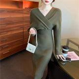 Christmas Gift Elegant V-neck Bodycon Knitted Dress for Women Autumn Winter Full Sleeve Slim Waist Female Sweaters Vestidos Fashion A-Line Robe