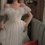 Kukombo Lolita Style Mesh Ruffles Slash Neck Off Shoulder Lace Up Women Summer White Dress Spaghetti Strap Dresses