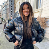 Christmas Gift Streetwear Cropped Faux PU Leather Jacket Women Parkas Turtleneck Bubble Thick Winter Coat Ladies Overcoat Autumn New