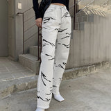 Kukombo Grey Brown Aesthetic High Waist Women's Straight Jeans Harajuku Baggy Tie Dye Print Casual Mom Denim Trouser Streetwear