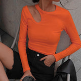 Kukombo Sexy Hollow Out Women T Shirt Casual Round Neck Long Sleeve Skinny Cropped Tops 2022 Autumn Solid Elegant Basic Tees