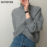Christmas Gift BGTEEVER Fashion Half-turtleneck Women Sweater Jumpers 2021 Autumn Winter Knitwear Cross Split Loose Female Knitted Pullovers