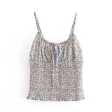 Kukombo Fashion Center Bow Women Tank Top Vintage Navy Floral Print Women Camis Slim Spaghetti Strap Women Crop Top