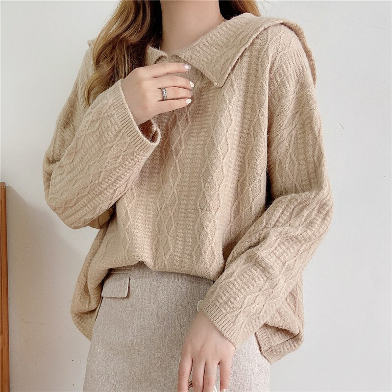 Kukombo Women Sweater Sailor Collar Pullovers  Loose Green Knitted Top Autumn Winter Long Sleeve Ribbed Clothes Korean Casual