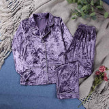 Kukombo Purple Velvet Women Pajamas Long Sleeve Home Suit Sleepwear Warm Double Pockets Lounge Wear Casual Female Set Autumn