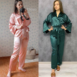 Kukombo Solid Women Robes With Sashes 2 Piece Set Wrist Sleep Tops Satin Pants Loose Pajamas Casual Sleepwear Female Home Suits
