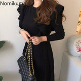Kukombo Fashion New Sweater Dress Women Ruffles Slim Waist Long Sleeve A Line Pleated Dresses Winter Clothes Robe Mujer 3c952