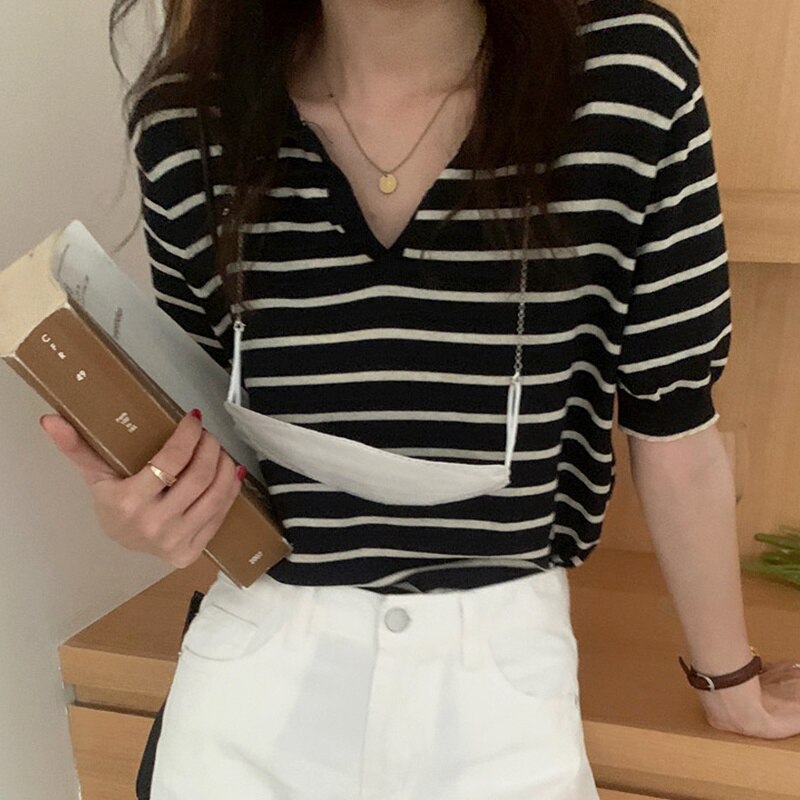 Christmas Gift Korean Chic Lazy Style T Shirt Lapel Contrast Stripe Design Tops Loose And Versatile Short Sleeve T-shirt Women's Top
