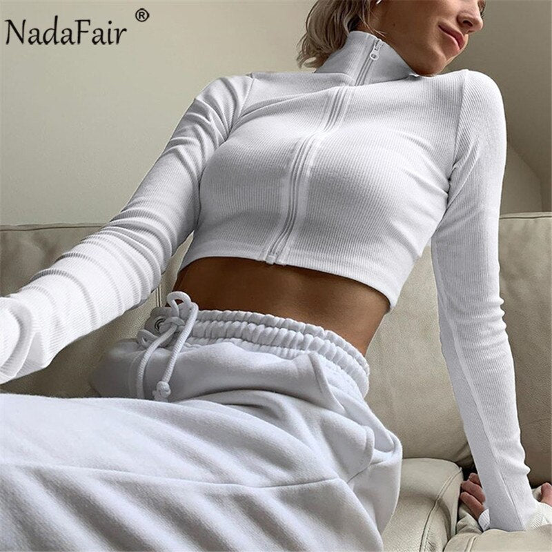 Nadafair Rib-Knitted Cropped Zip Up Hoodie Women Sweatshirt White Black Sexy Crop Top Club Skinny Autumn Basic  Pullover Woman