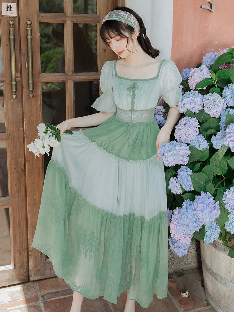 Kukombo Mori Girl Green Gentle Fairy Summer Chiffon Dresses Puff Sleeve Square Neck Elegant French Retro Floral Dress Vestidos De Fiesta