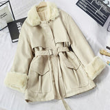 Christmas Gift eather clothes winter 2021 new Korean Pu fur one-piece fur collar lace up Plush jacket fashion motorcycle clothes women's coat