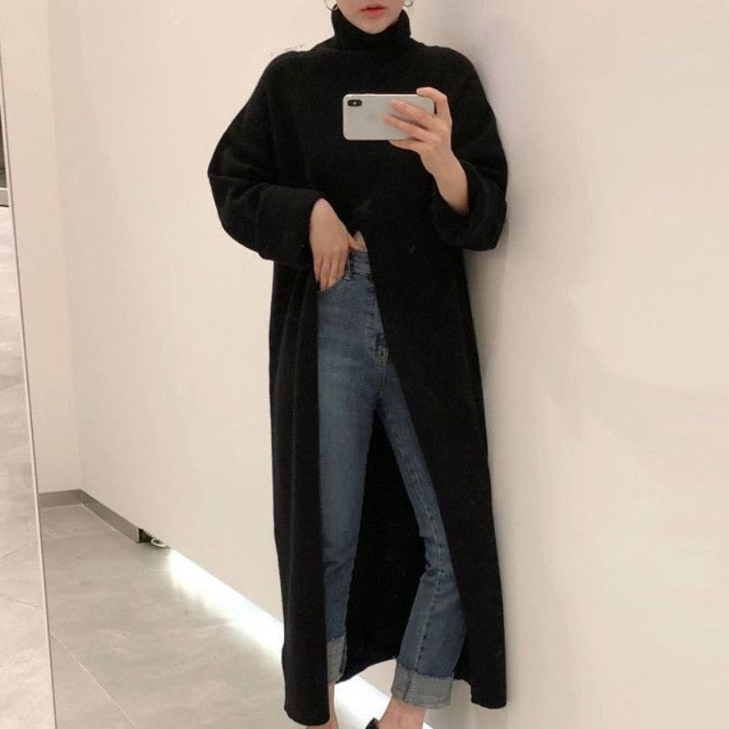 Christmas Gift Korean Knitted Sweater Spring and Autumn Style High Neck Loose Fork Over the Knee Thin and Long Sweater, Bottomed Sweater