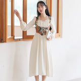 Kukombo French Romantic Dresses For Women 2022 Autumn Oil Painting Retro French Lace Square Collar Dress Elegant Robe Femme Vestidos