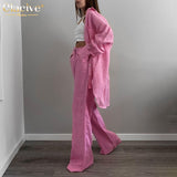 Kukombo 2022 spring Pink Pants Set Women Casual Long Sleeve Blouse Shirt Matching Wide Trousers Suit Elegant Loose Two Piece Pant Set