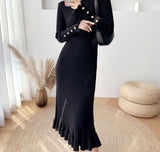 Kukombo autumn winter thick mermaid maxi sweater dress women o-neck long sweater dress elegant female a-line slim sexy knit dress