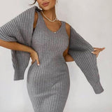 Kukombo Women Elegant Slim Two Piece Sets Female Sweater Dress Autumn Winter High Waist Knitted Ensemble Femme Medium Long Party Dresses